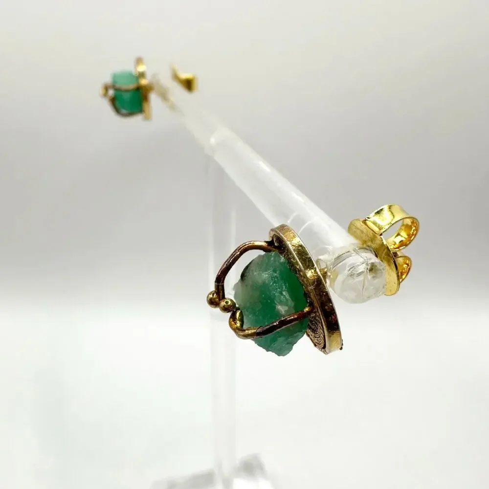 Asian Inspired Green Stone Nugget Pierced Stud Earring Unique Pierced Jewelry